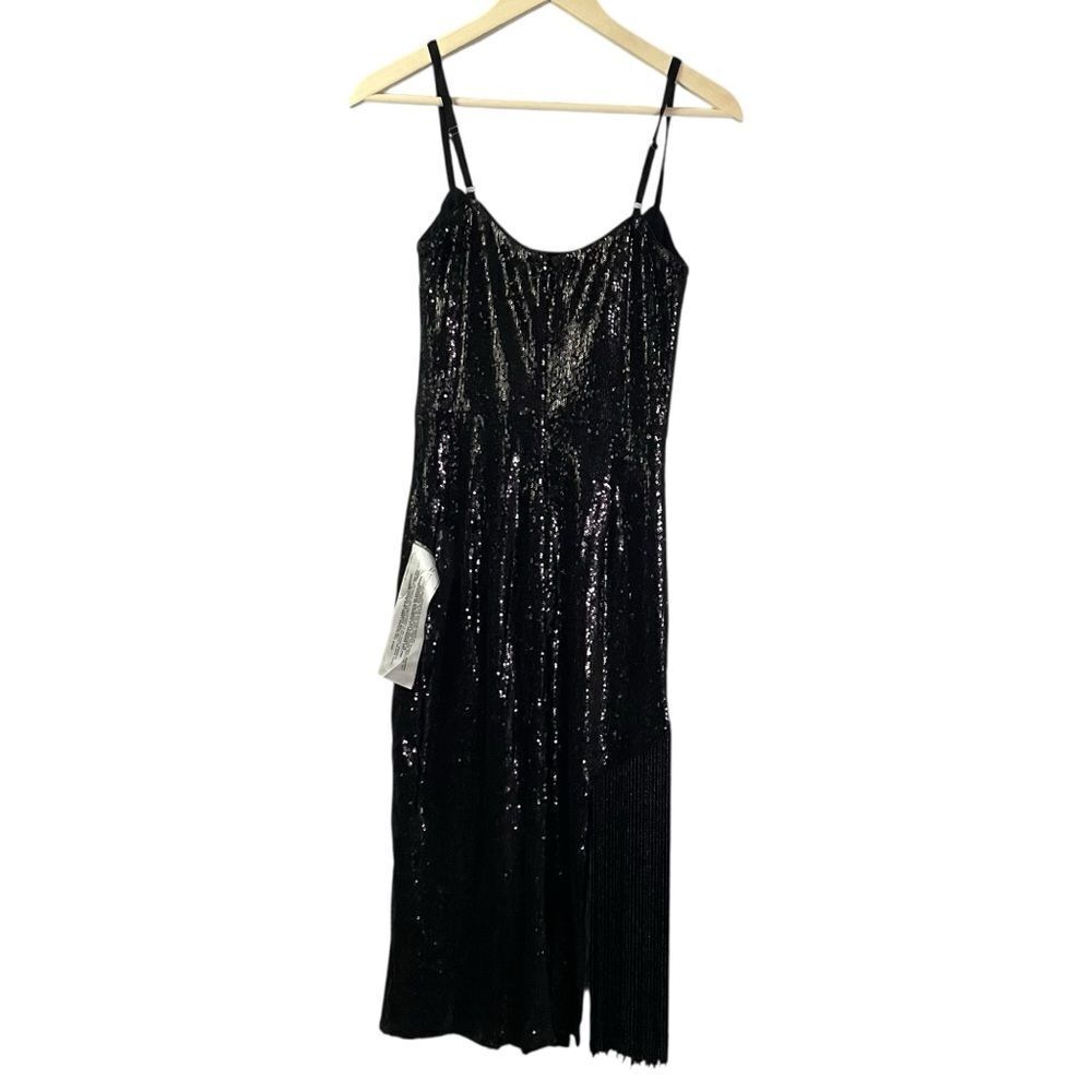 Dress the Population Black Rory Sleeveless Sequin Dress With Fringe Small Midi